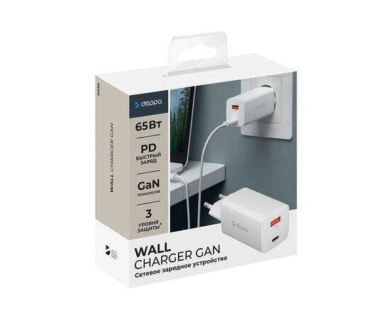  Сетевое зарядное устройство USB A + USB-C, PD 3.0, QC 3.0, 65W, GaN, белый, Deppa, 11434 